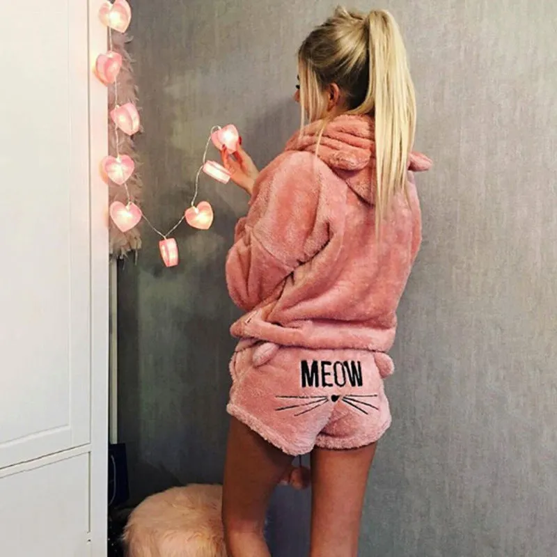 Cute Cat Print Candy Color Loverly Hooded with Shorts Women Fluffy Pajama Sets