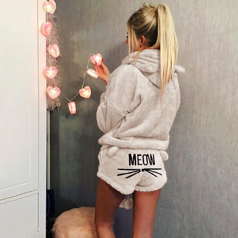 Cute Cat Print Candy Color Loverly Hooded with Shorts Women Fluffy Pajama Sets
