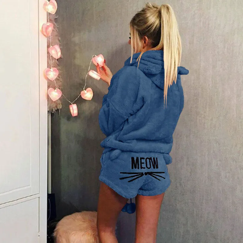 Cute Cat Print Candy Color Loverly Hooded with Shorts Women Fluffy Pajama Sets