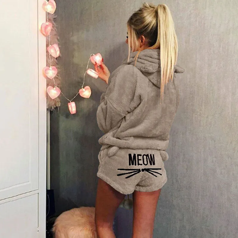 Cute Cat Print Candy Color Loverly Hooded with Shorts Women Fluffy Pajama Sets