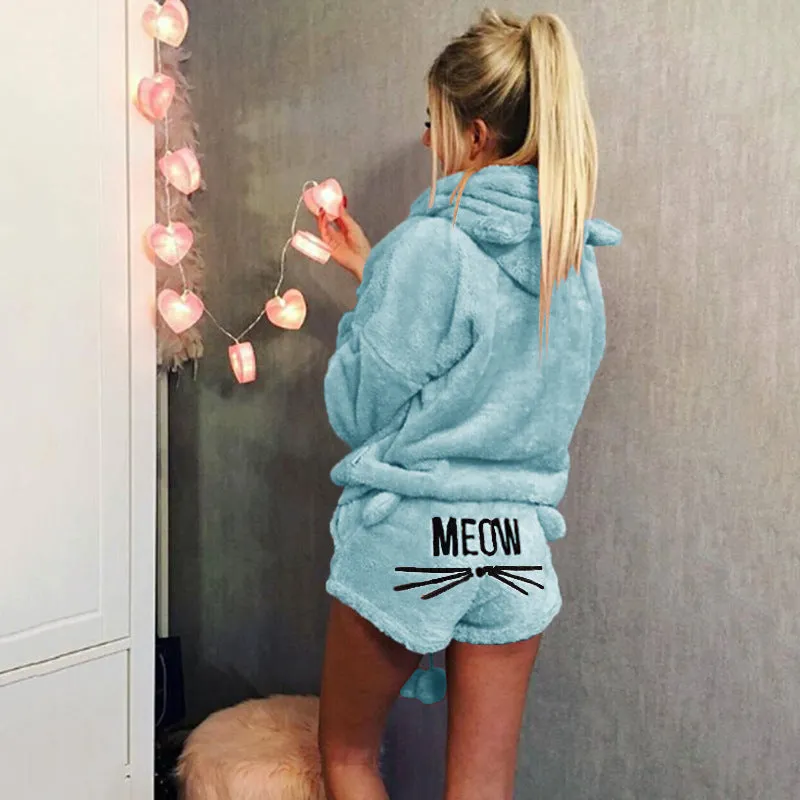 Cute Cat Print Candy Color Loverly Hooded with Shorts Women Fluffy Pajama Sets