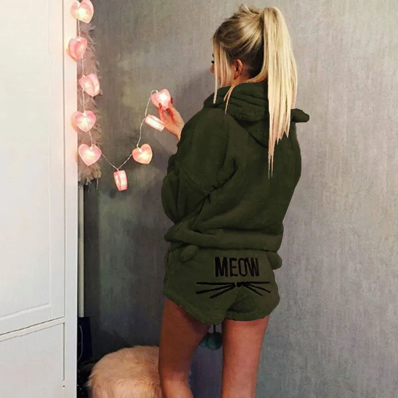 Cute Cat Print Candy Color Loverly Hooded with Shorts Women Fluffy Pajama Sets