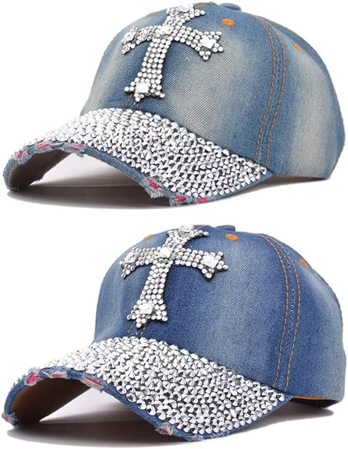 Dark Blue Cross Rhinestone Fashion Caps