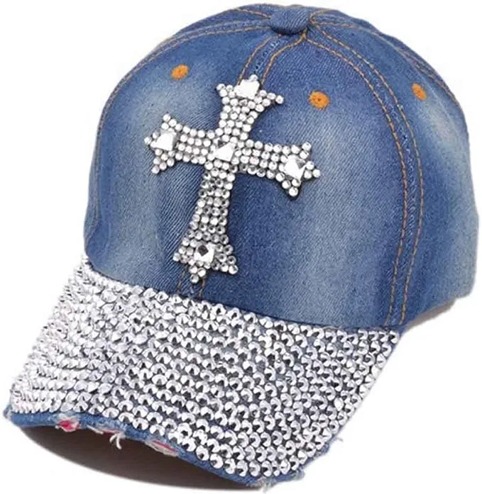 Dark Blue Cross Rhinestone Fashion Caps