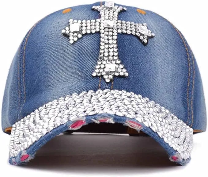 Dark Blue Cross Rhinestone Fashion Caps