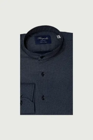 Dark Blue Mandarin Collar Cotton Shirt