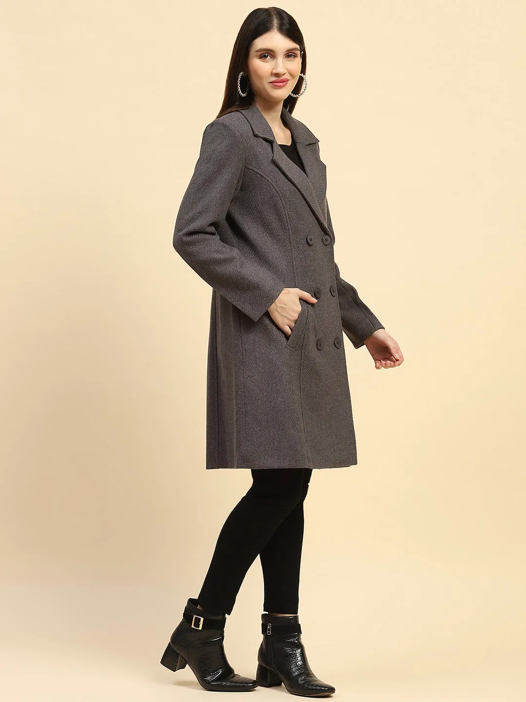 Dark Grey Solid Poly Blend Relaxed Fit Long Coat