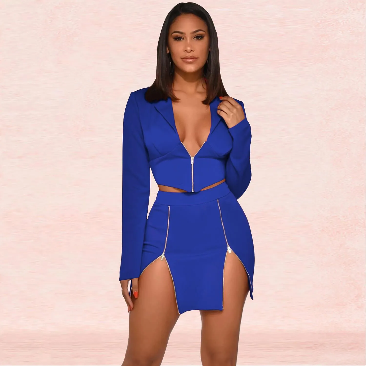 Deep V-neck Crop Top High Waist Short Skirt Set
