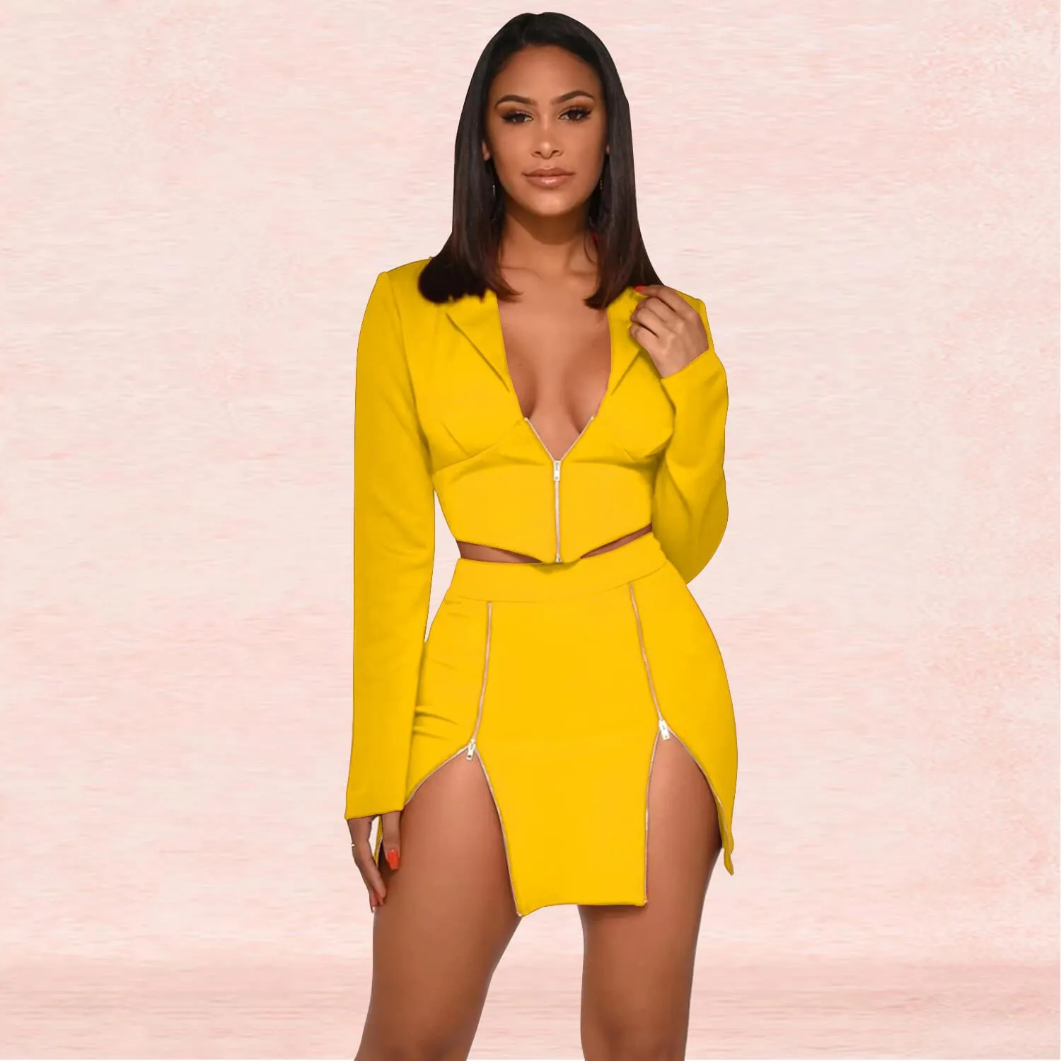 Deep V-neck Crop Top High Waist Short Skirt Set