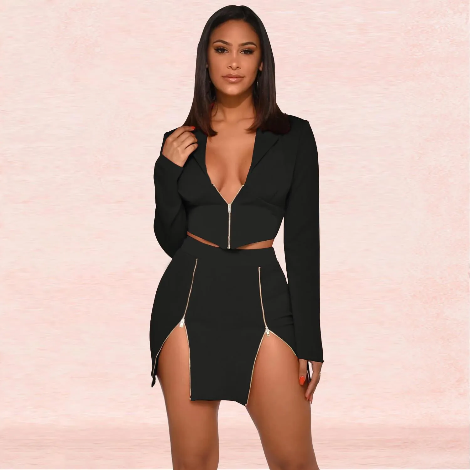 Deep V-neck Crop Top High Waist Short Skirt Set