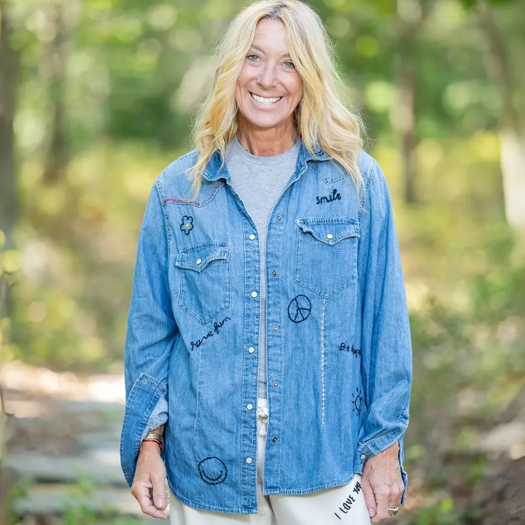 Denim Button Down Black Hand Embroidery
