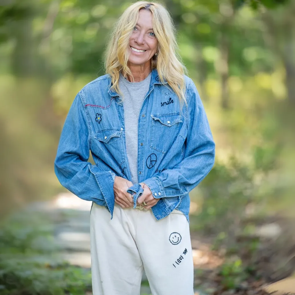Denim Button Down Black Hand Embroidery