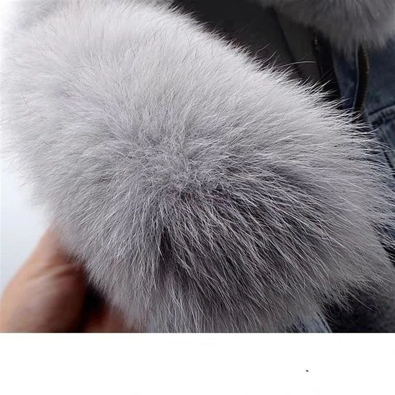 Dettachable Imitated Fox Fur Denim Short Parker Jacket