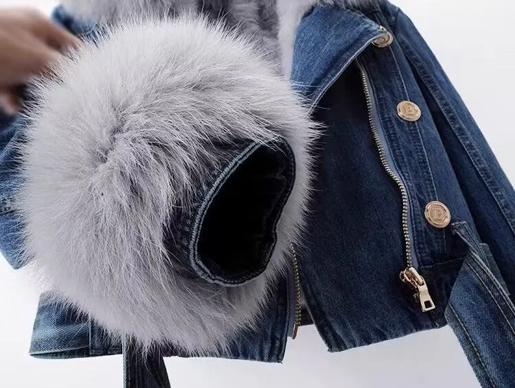 Dettachable Imitated Fox Fur Denim Short Parker Jacket