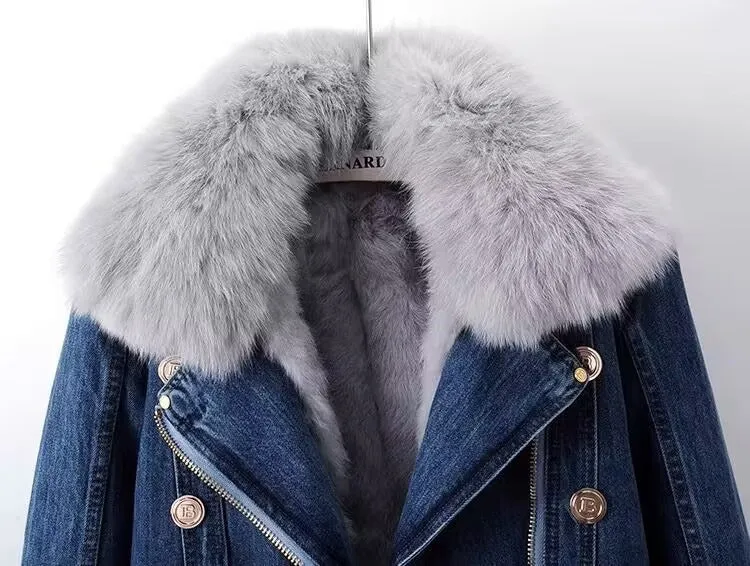 Dettachable Imitated Fox Fur Denim Short Parker Jacket