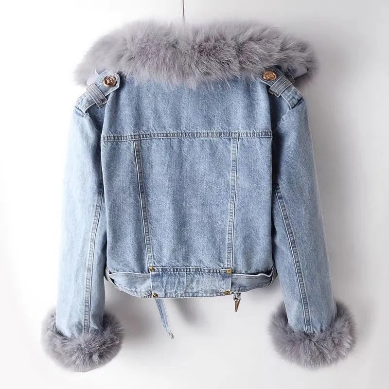 Dettachable Imitated Fox Fur Denim Short Parker Jacket