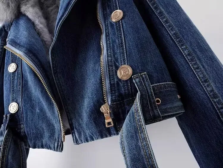 Dettachable Imitated Fox Fur Denim Short Parker Jacket