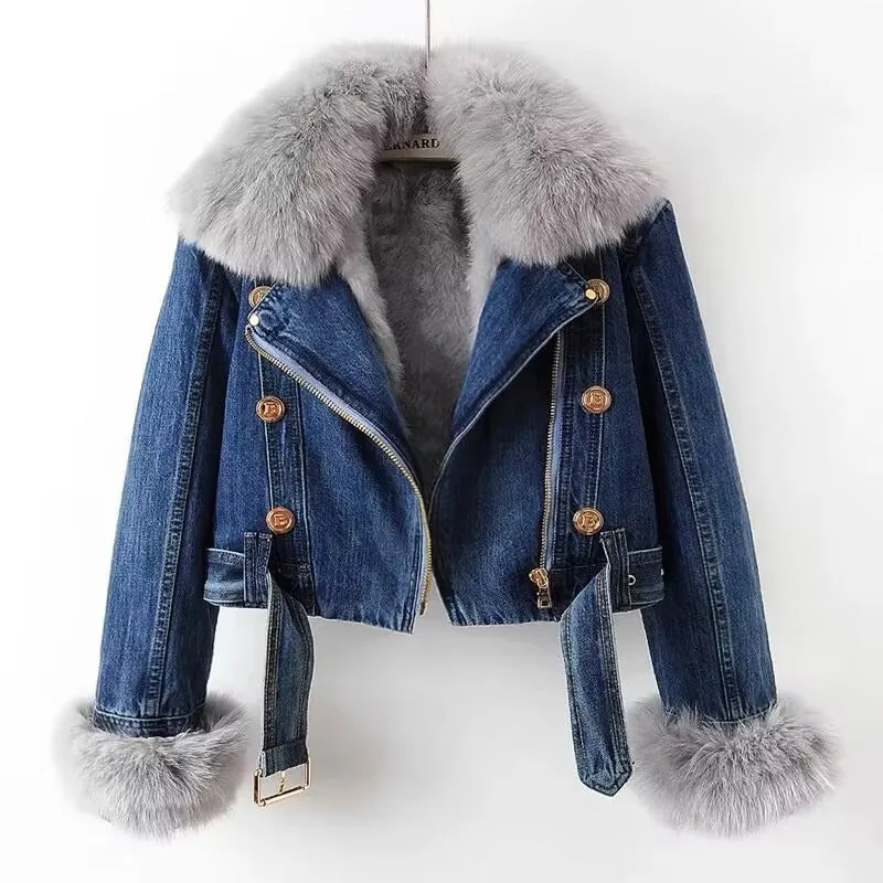 Dettachable Imitated Fox Fur Denim Short Parker Jacket