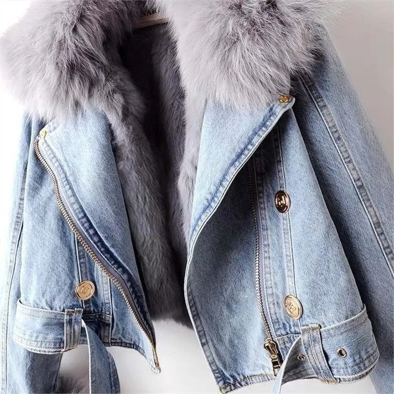 Dettachable Imitated Fox Fur Denim Short Parker Jacket