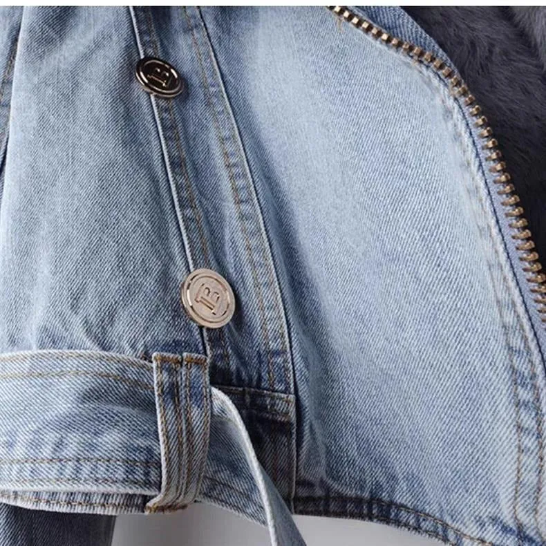 Dettachable Imitated Fox Fur Denim Short Parker Jacket