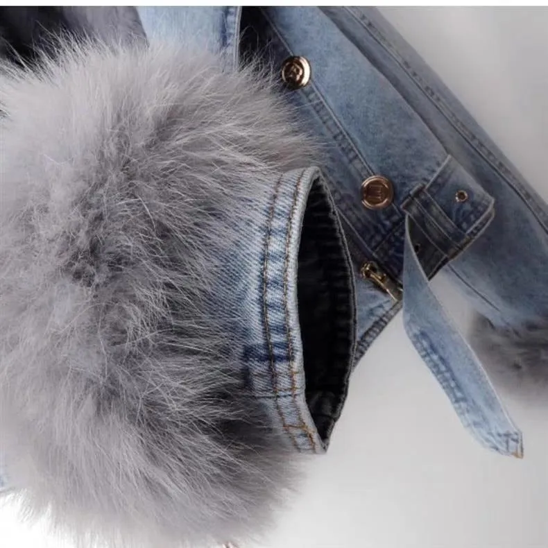 Dettachable Imitated Fox Fur Denim Short Parker Jacket