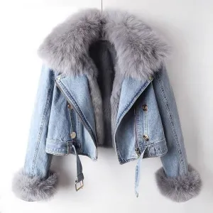 Dettachable Imitated Fox Fur Denim Short Parker Jacket