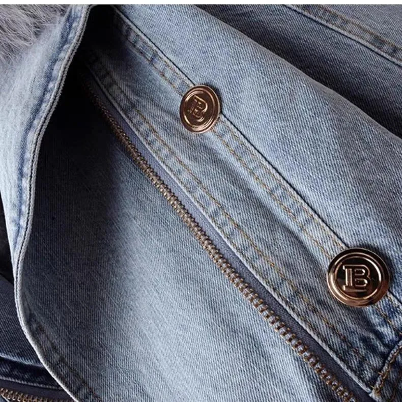 Dettachable Imitated Fox Fur Denim Short Parker Jacket