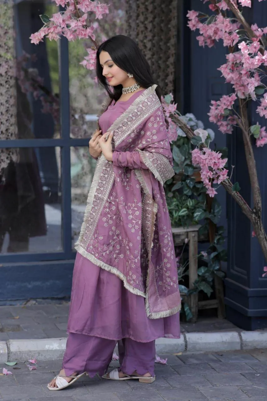 Elegant Lavender Anarkali Suit with Embroidered Dupatta
