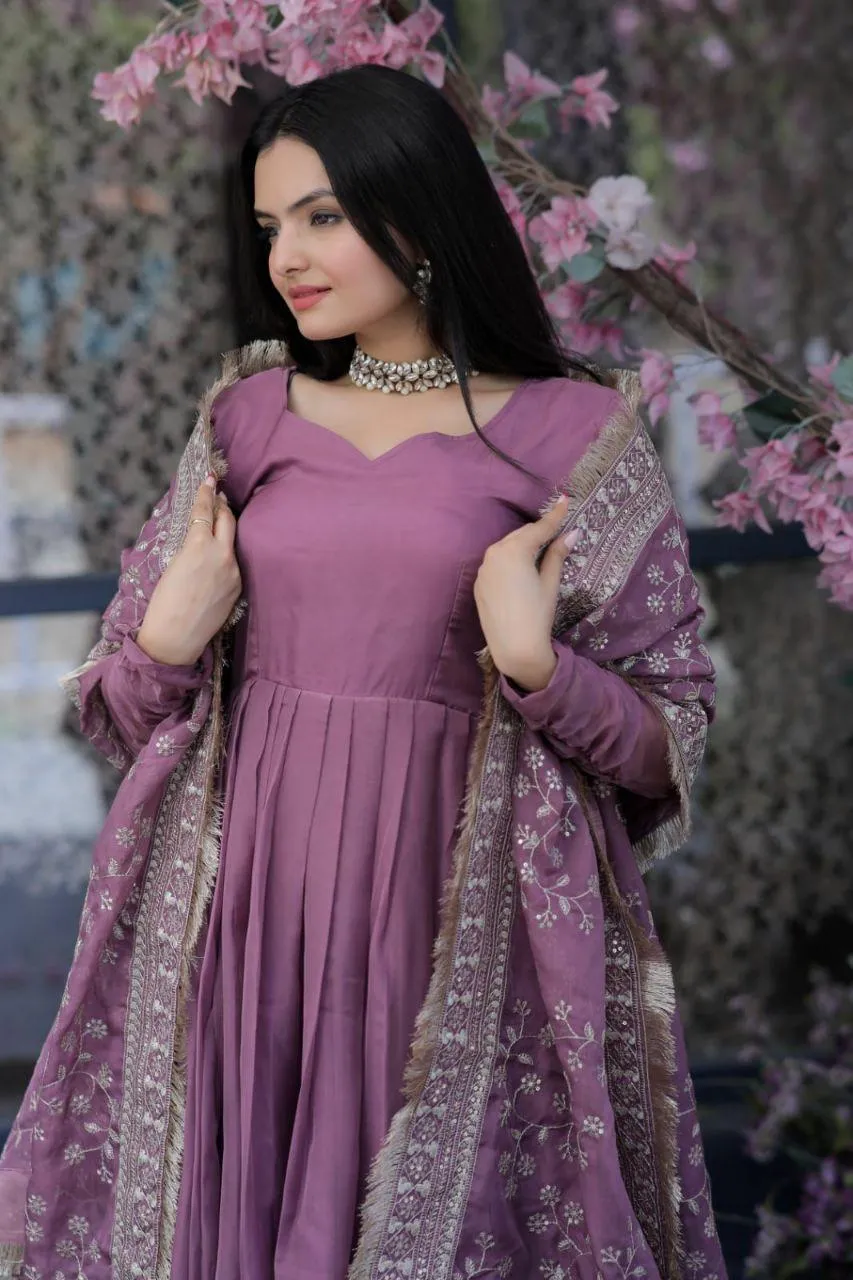 Elegant Lavender Anarkali Suit with Embroidered Dupatta
