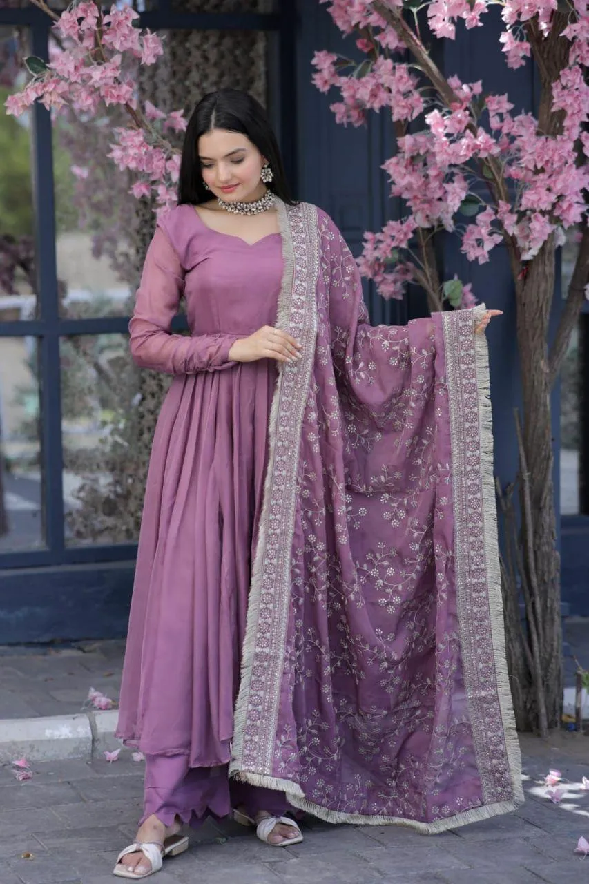 Elegant Lavender Anarkali Suit with Embroidered Dupatta
