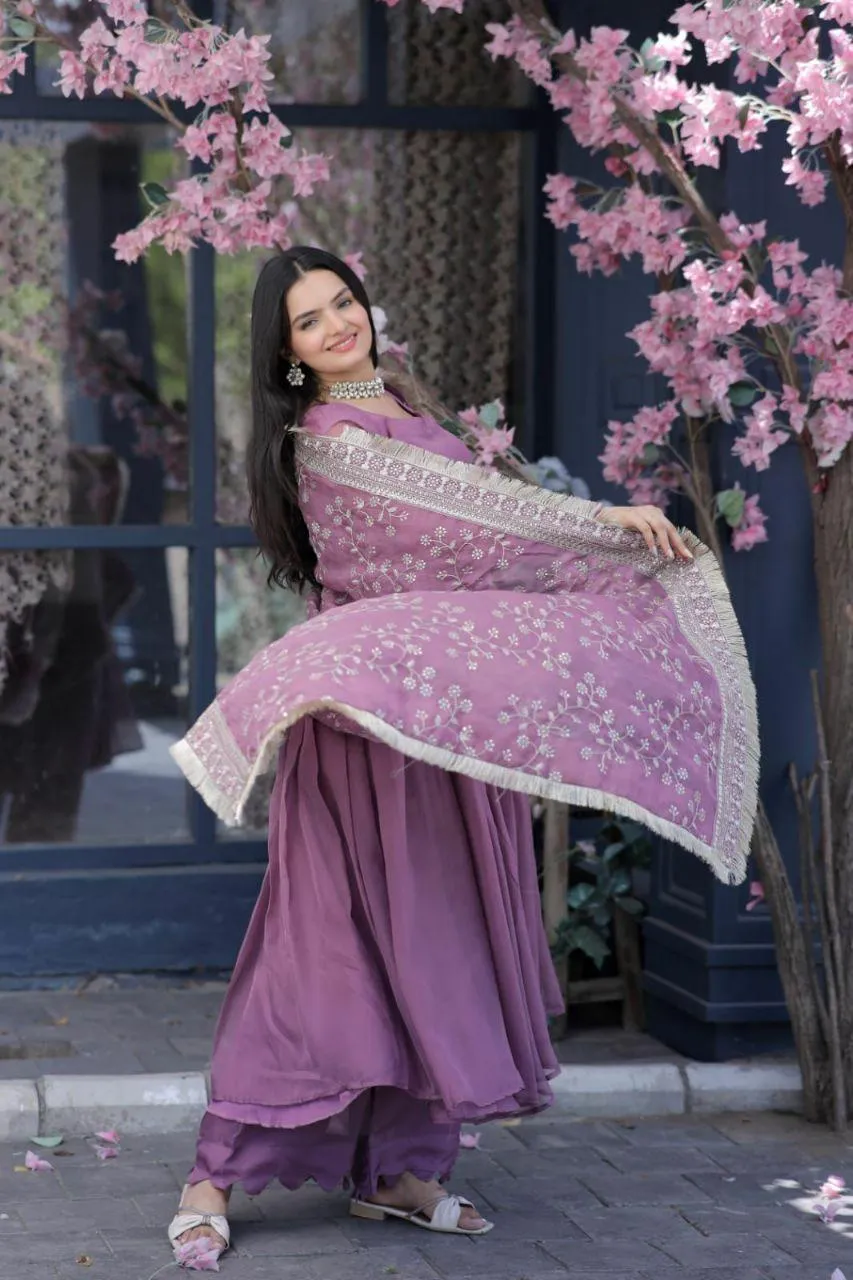 Elegant Lavender Anarkali Suit with Embroidered Dupatta