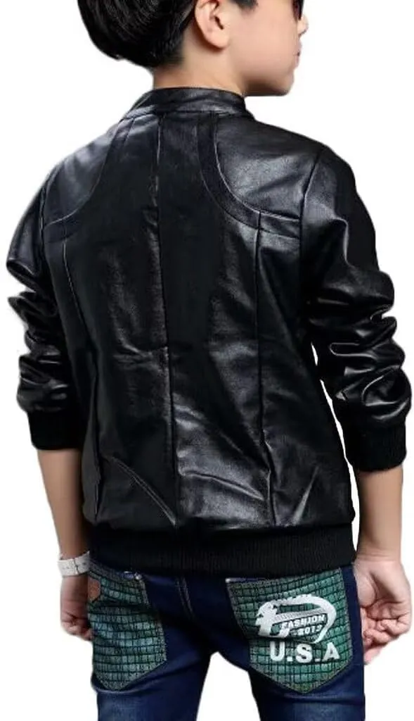 Elife Boy's Trendy Stand-Collar PU Leather Spring Moto Jacket Black