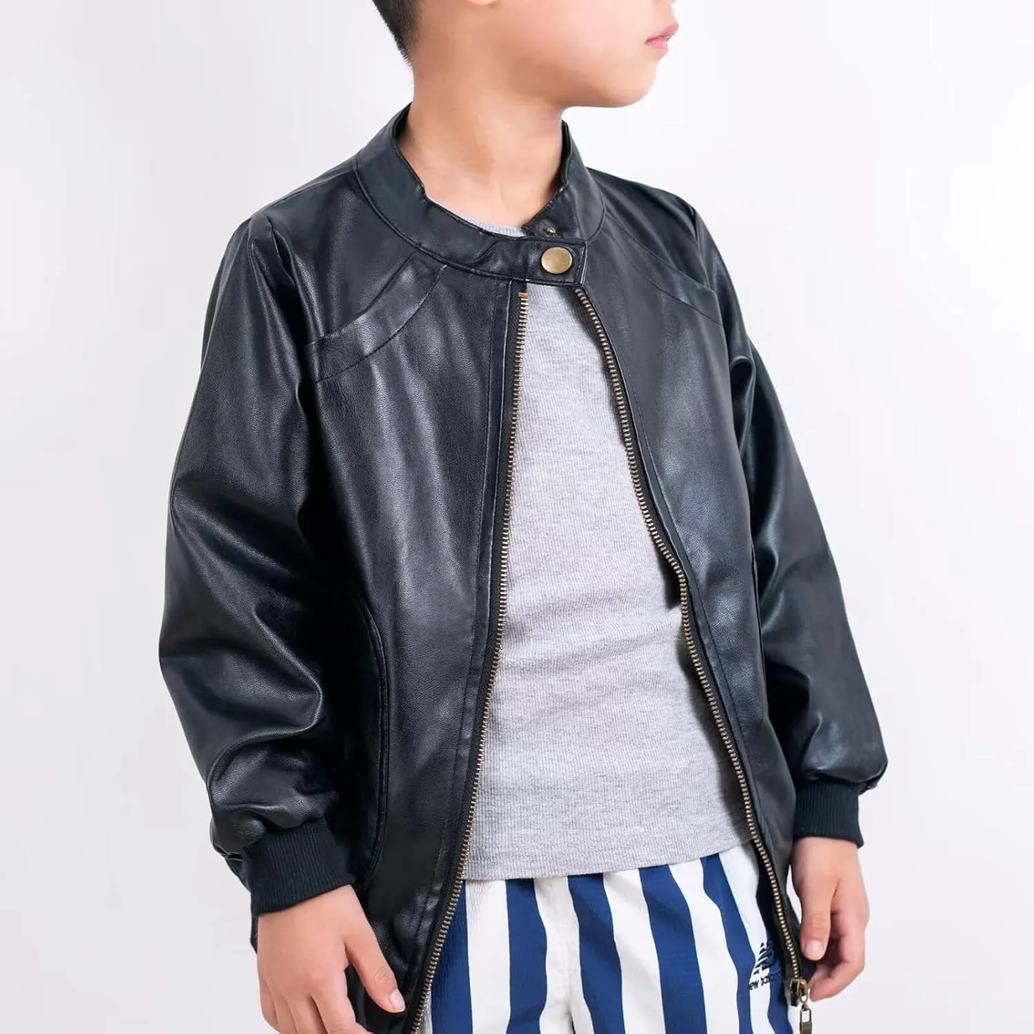 Elife Boy's Trendy Stand-Collar PU Leather Spring Moto Jacket Black