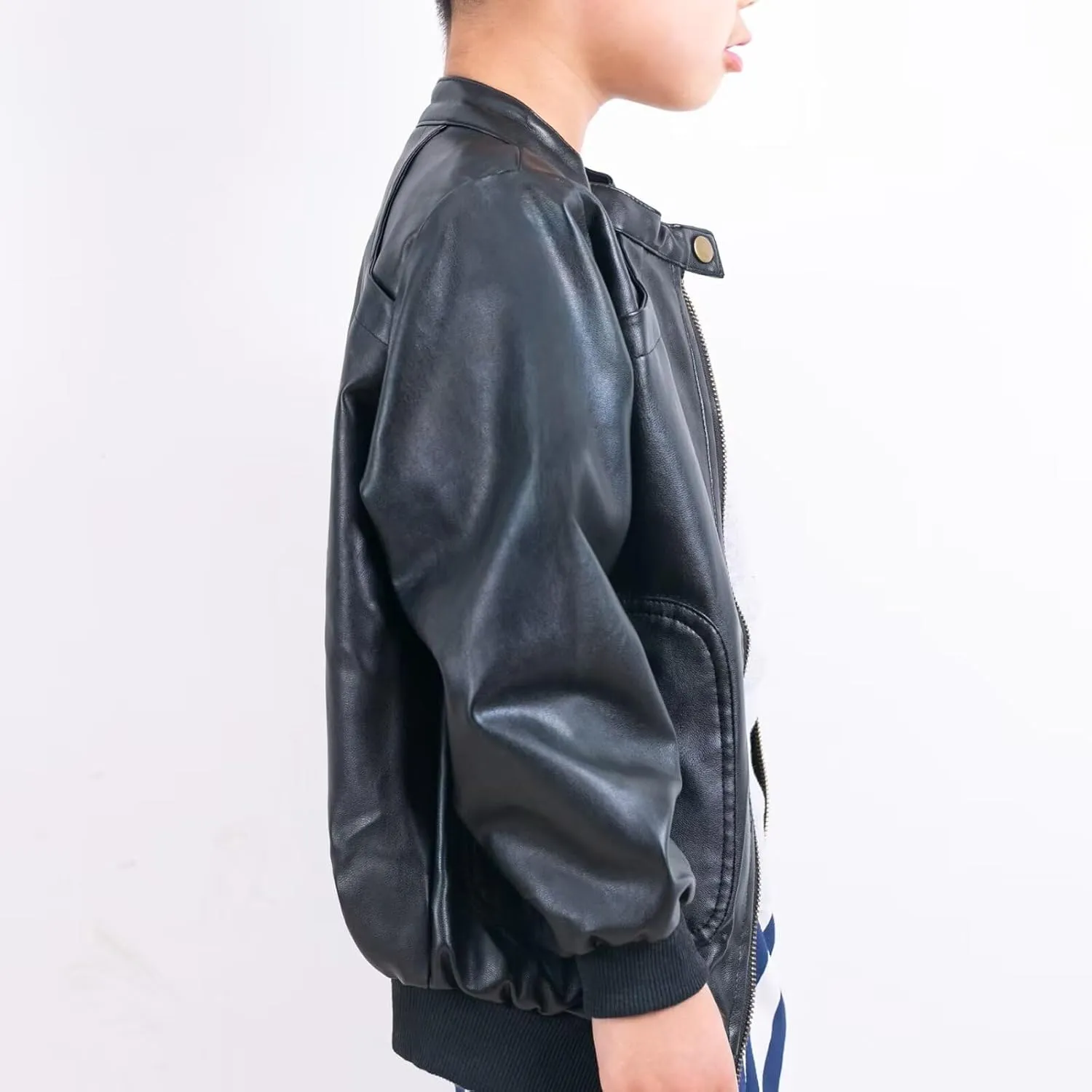 Elife Boy's Trendy Stand-Collar PU Leather Spring Moto Jacket Black