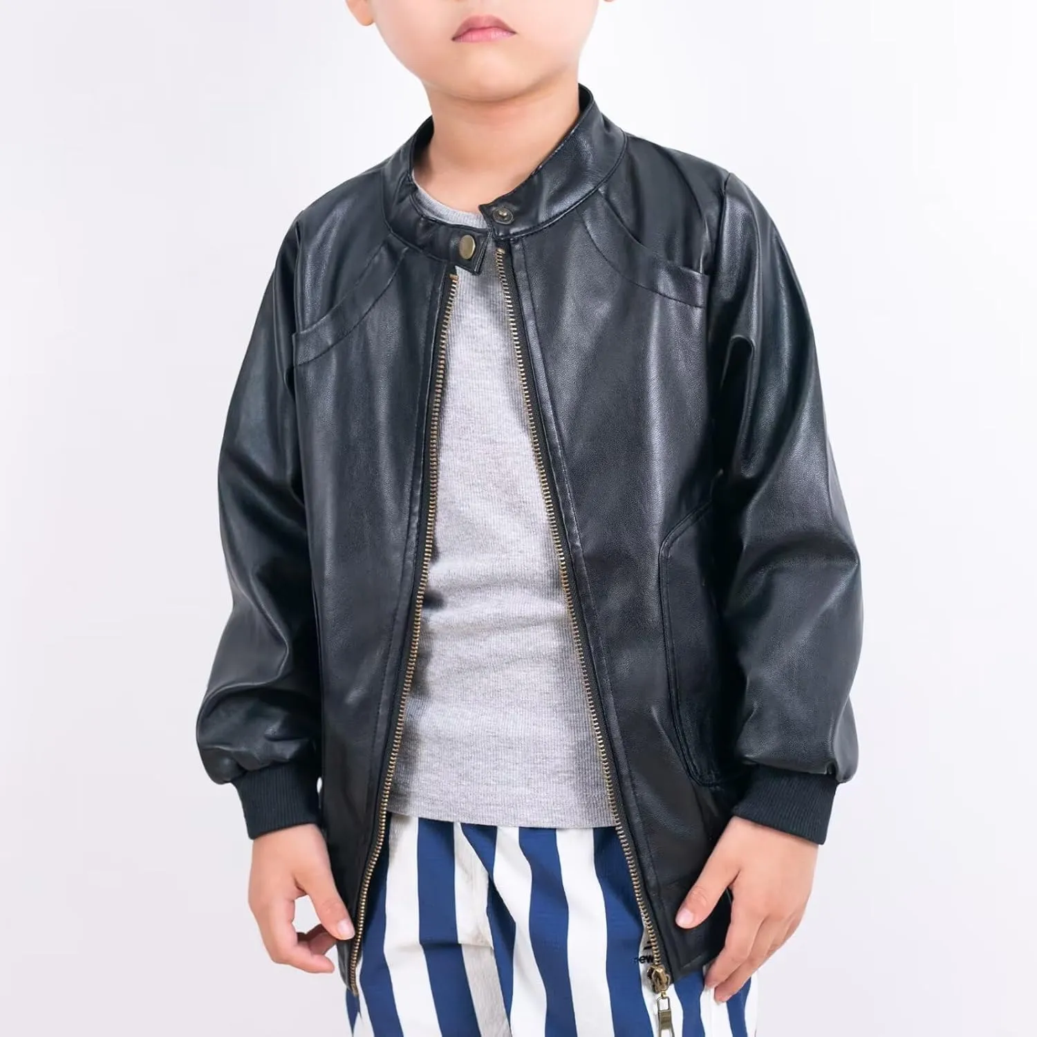 Elife Boy's Trendy Stand-Collar PU Leather Spring Moto Jacket Black