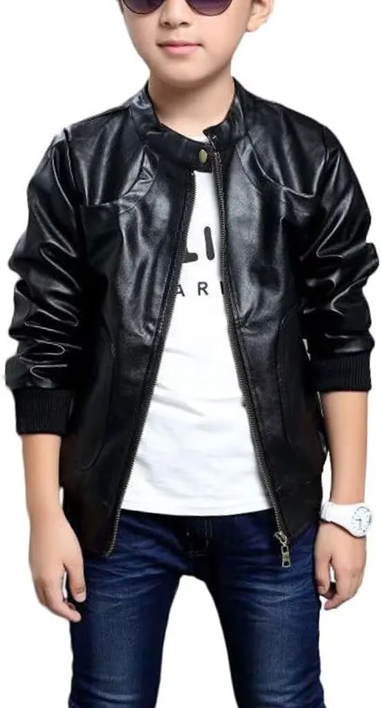 Elife Boy's Trendy Stand-Collar PU Leather Spring Moto Jacket Black