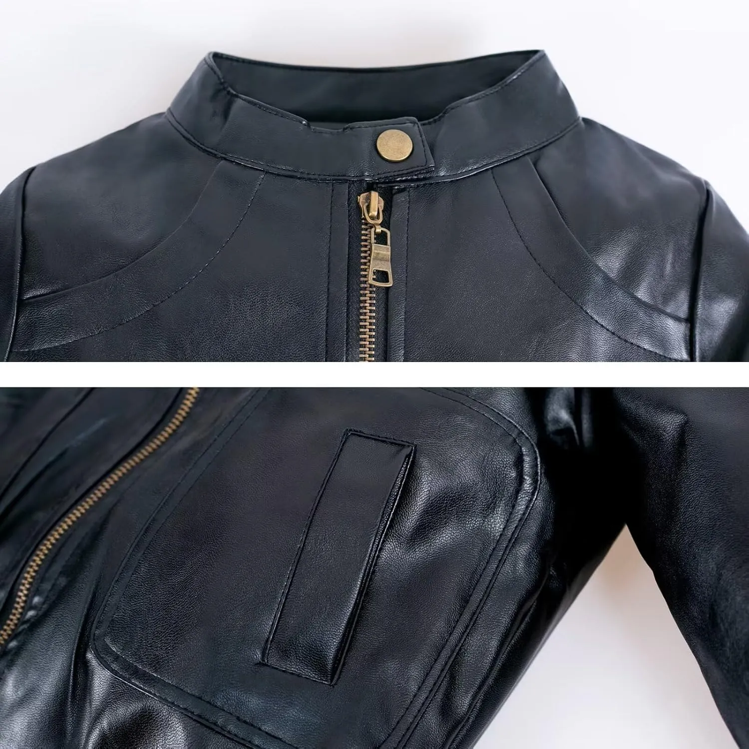 Elife Boy's Trendy Stand-Collar PU Leather Spring Moto Jacket Black