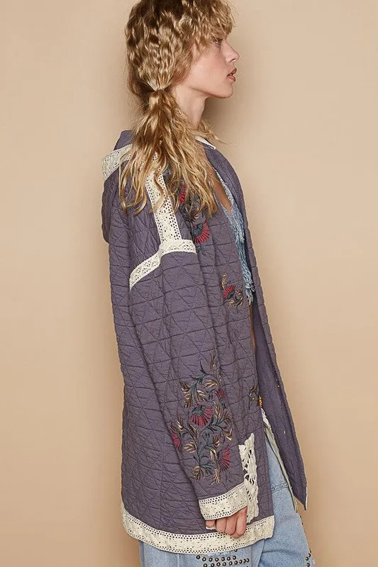 Embroidered Open Front Quilted Jacket