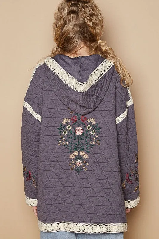 Embroidered Open Front Quilted Jacket
