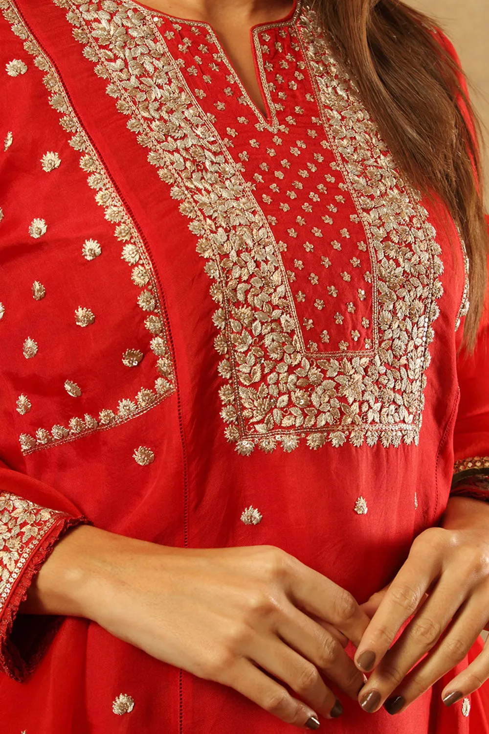 Embroidered Poppy Red Pure Silk Organza Kurta Set
