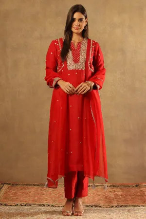 Embroidered Poppy Red Pure Silk Organza Kurta Set