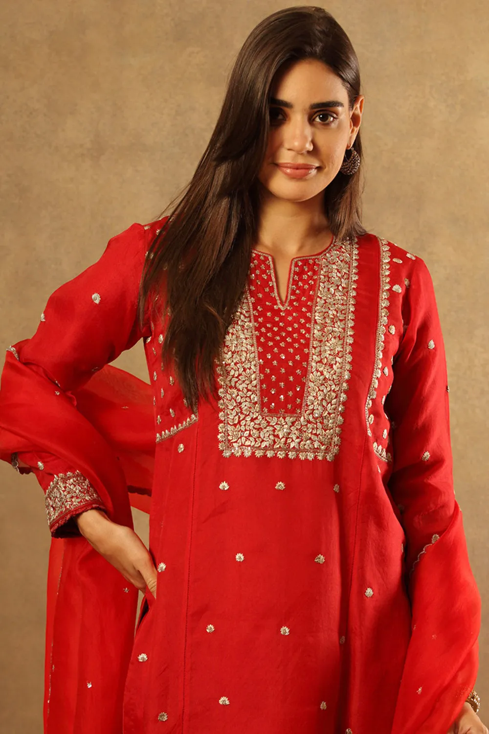 Embroidered Poppy Red Pure Silk Organza Kurta Set