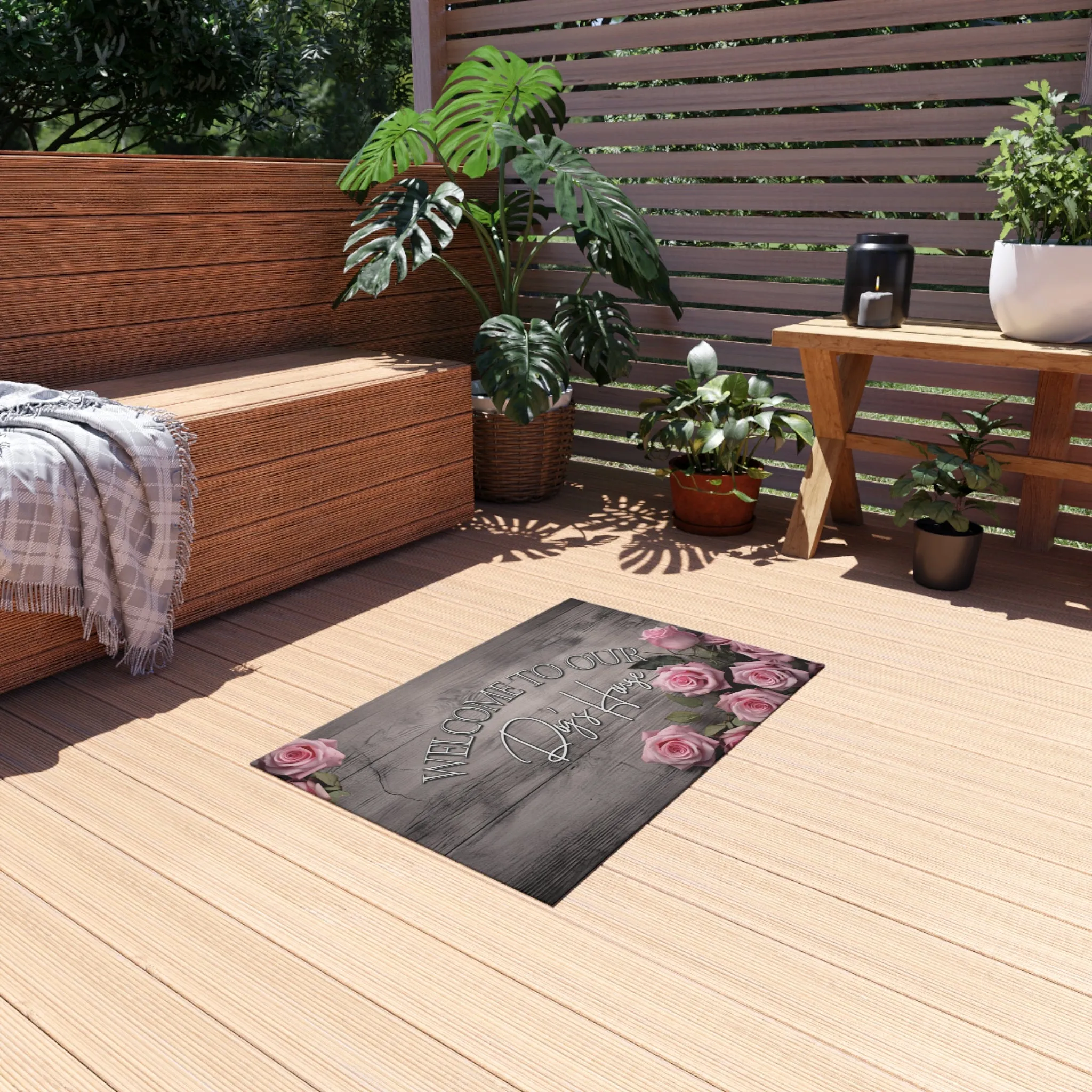 Farmhouse "Welcome to Our Dog's House" Outdoor Rustic Rose Dog Mom Rug