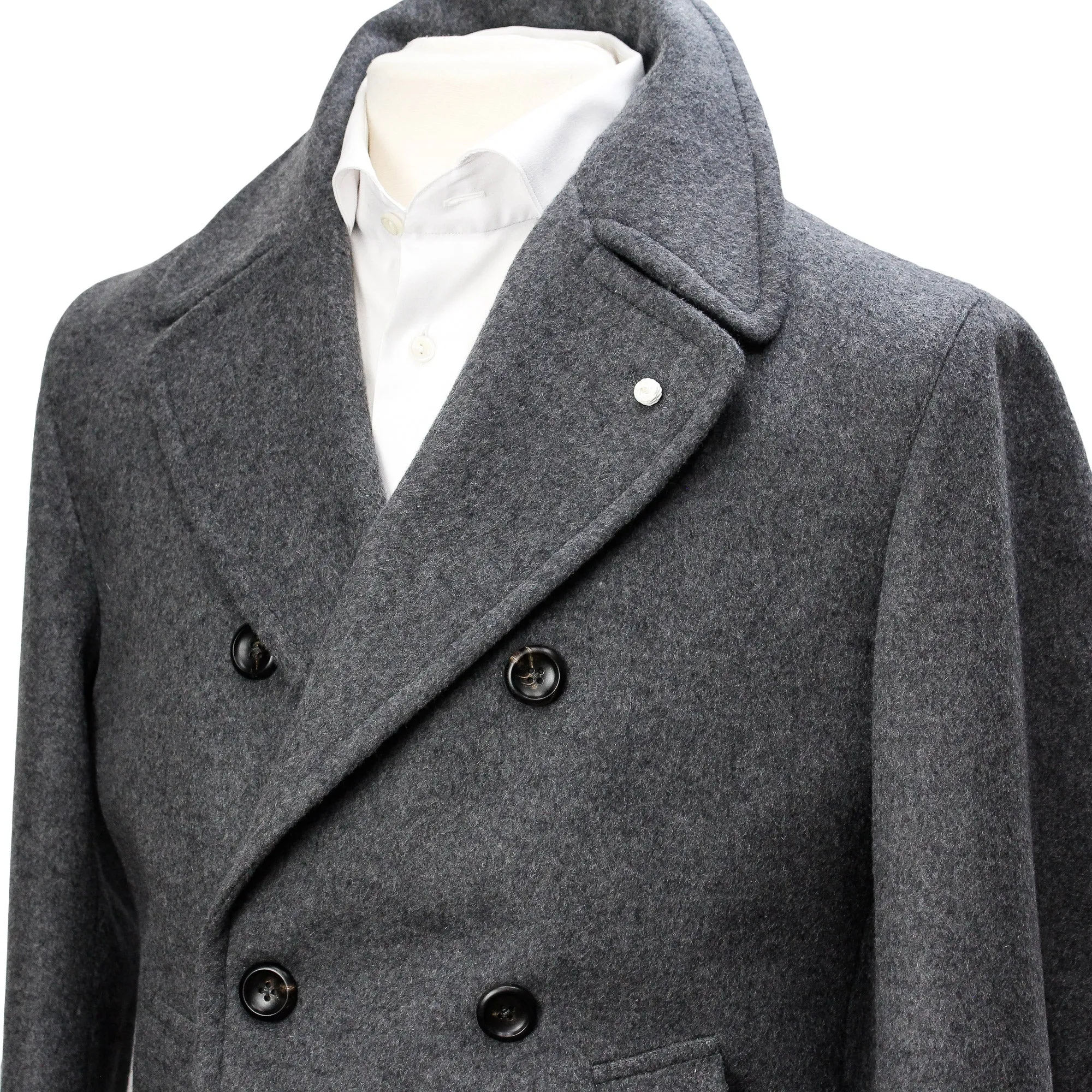 Graphite Gray Double Breasted Wool-Cashmere Peacoat - Luigi Bianchi