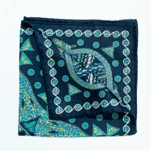 Green Patterned Blue Pure Silk Pocket Handkerchief