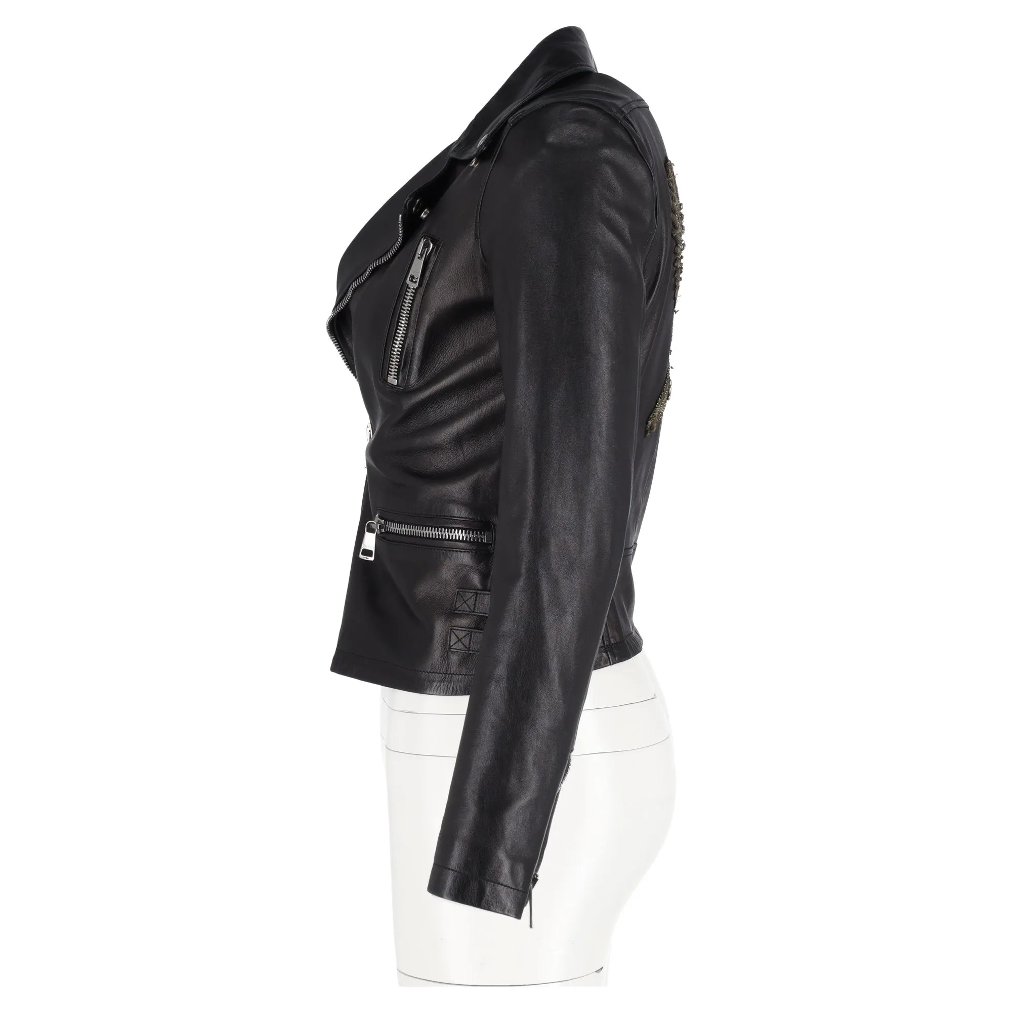 Gucci Bird-Embroidered Biker Jacket in Black Leather