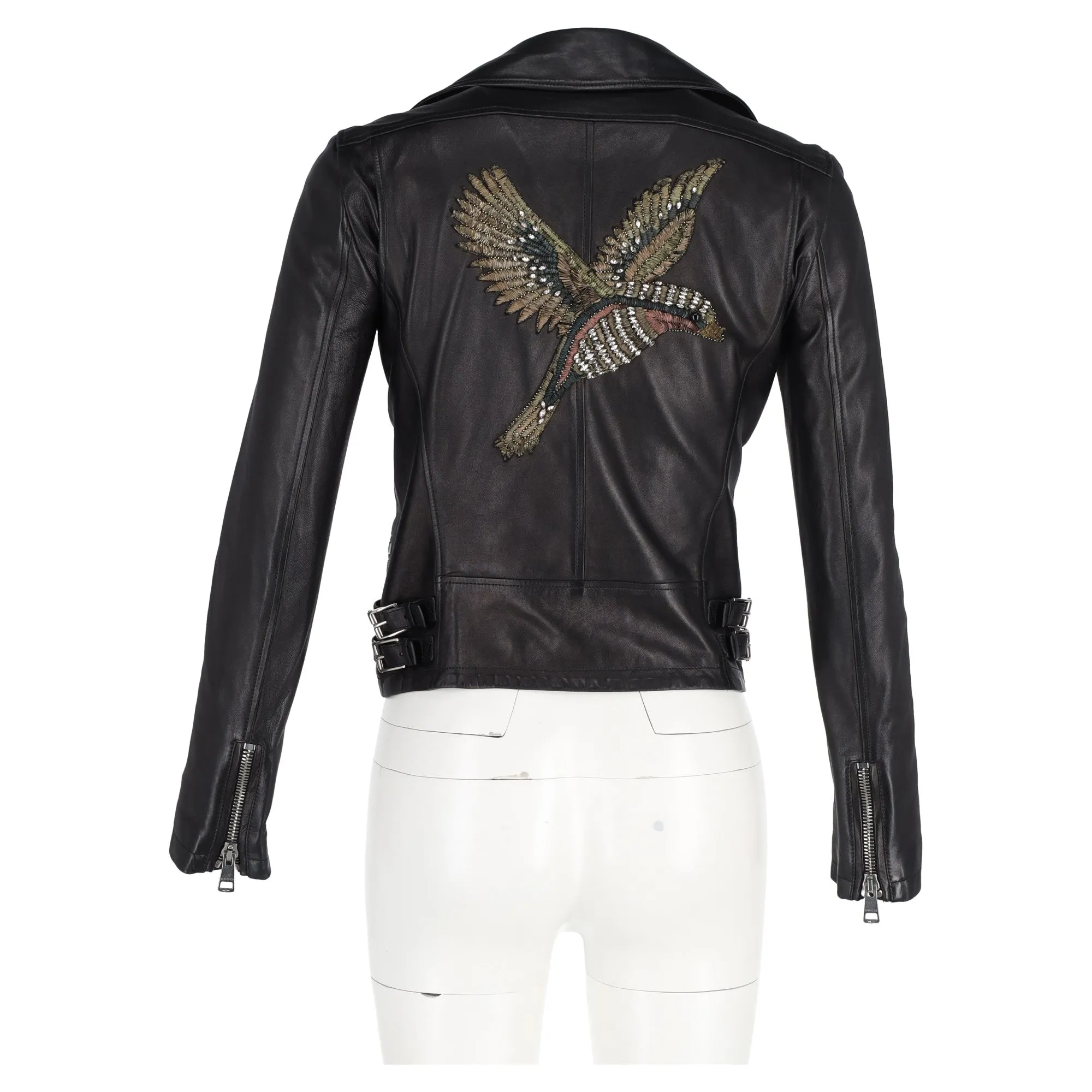 Gucci Bird-Embroidered Biker Jacket in Black Leather