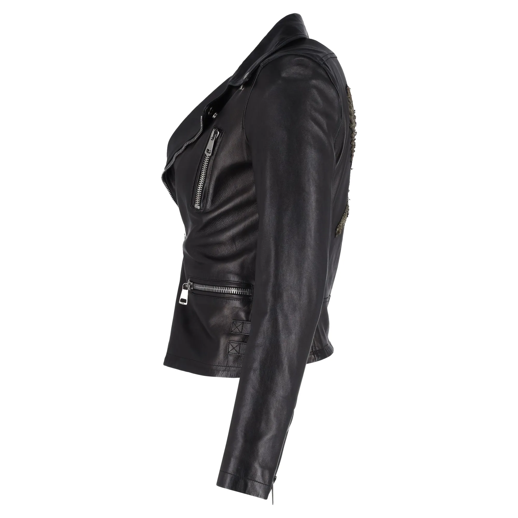 Gucci Bird-Embroidered Biker Jacket in Black Leather