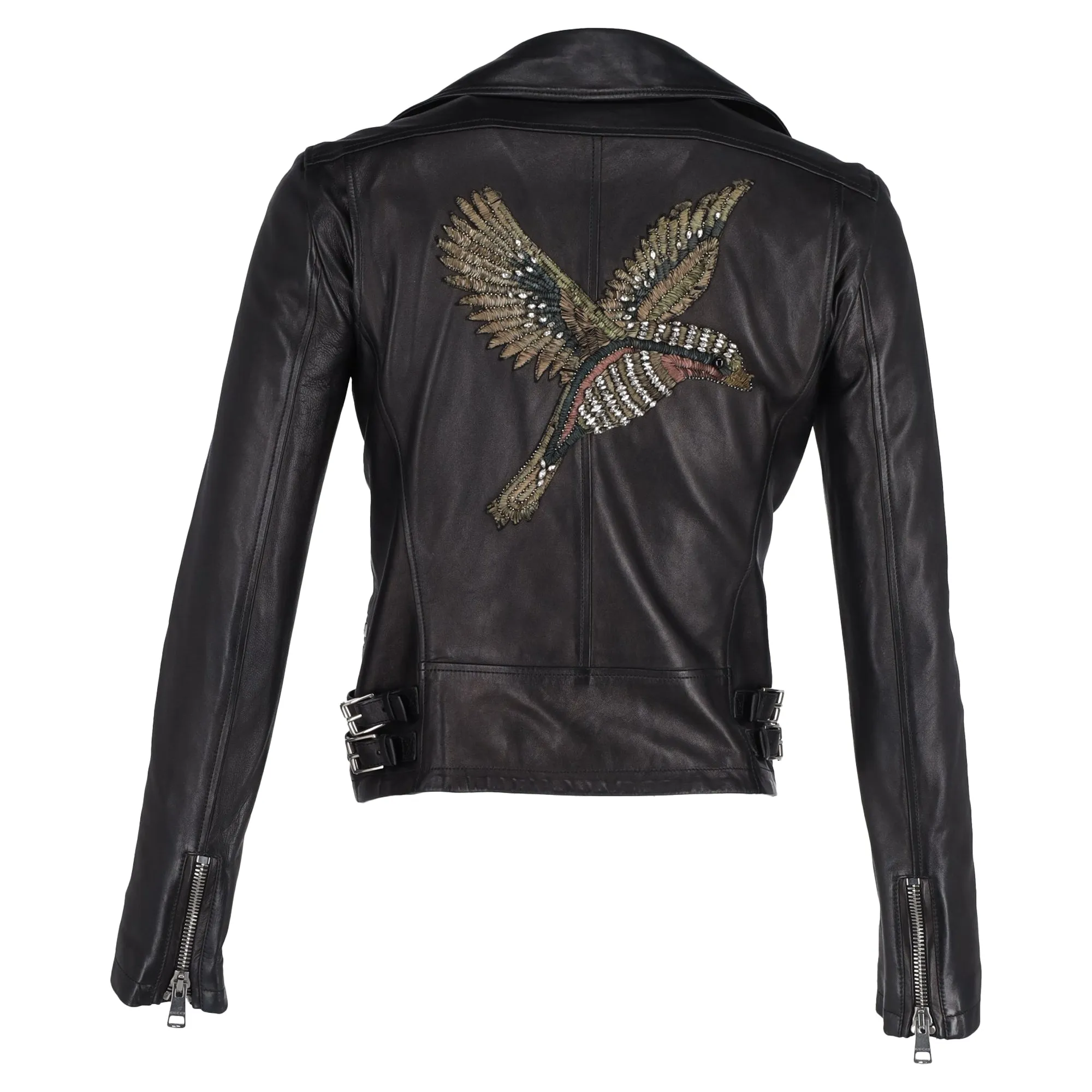 Gucci Bird-Embroidered Biker Jacket in Black Leather