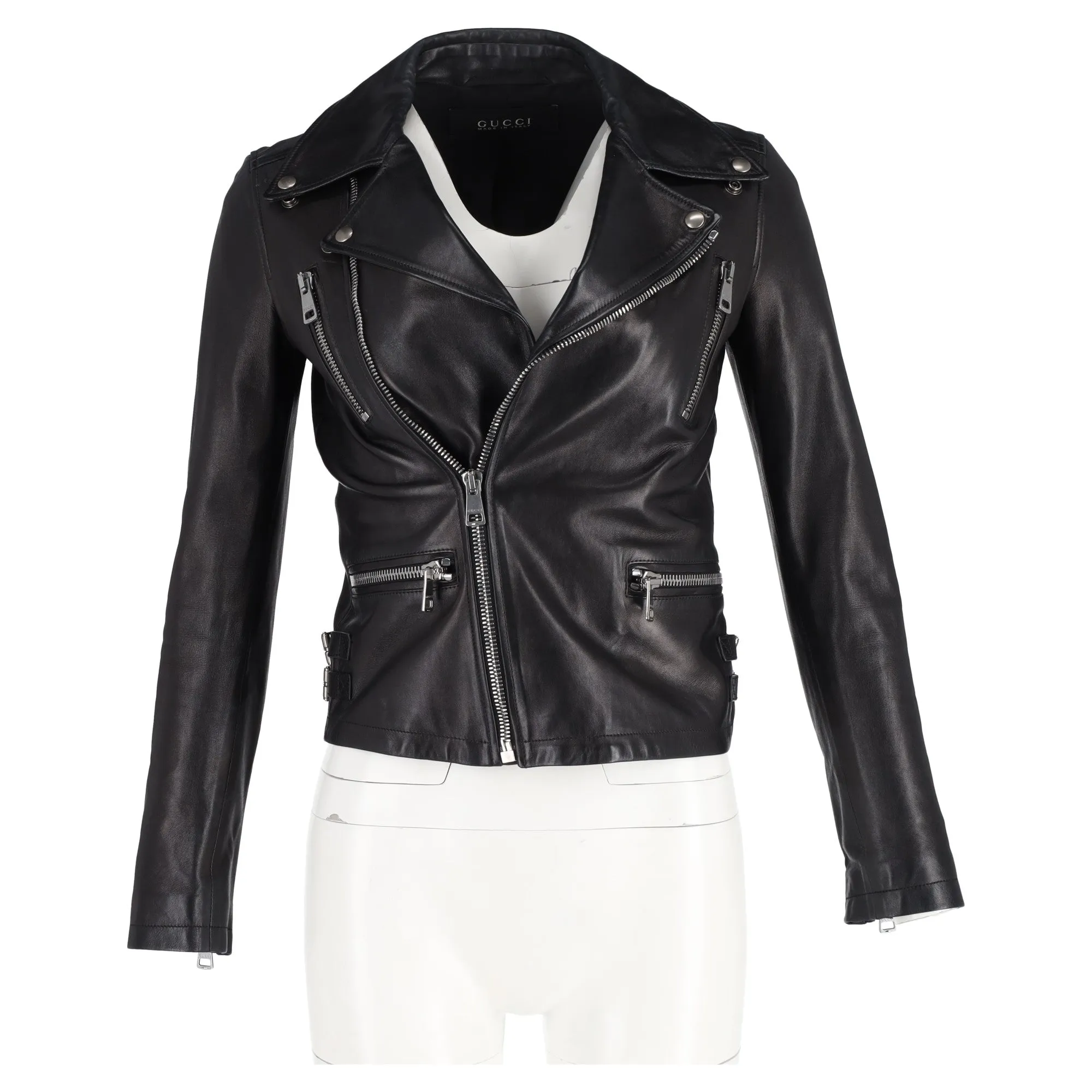 Gucci Bird-Embroidered Biker Jacket in Black Leather